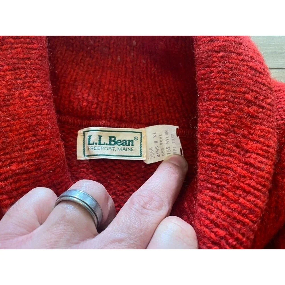 Vintage LL Bean Mens M Wool Chunky Cowl Neck Fisherman Sweater RED USA 80s - Picture 3 of 9